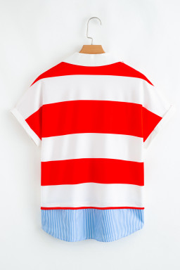 Red Stripe Colorblock Patchwork Short Sleeve Collar Top