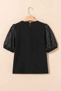 Black Bubble Sleeve Patchwork Textured Top