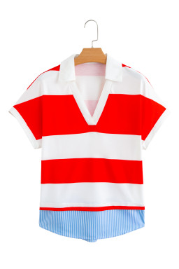 Red Stripe Colorblock Patchwork Short Sleeve Collar Top