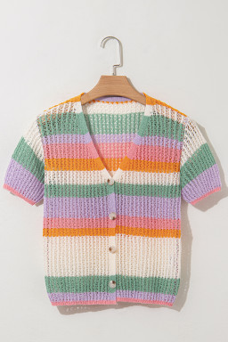 Orange Colorblock Striped Cropped Pointelle Knit Top