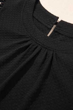 Black Bubble Sleeve Patchwork Textured Top