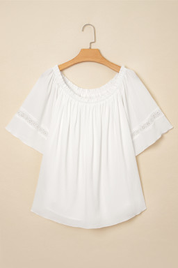 White Textured Frill Off Shoulder Lace Insert Sleeve Blouse