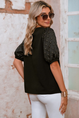 Black Bubble Sleeve Patchwork Textured Top