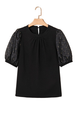 Black Bubble Sleeve Patchwork Textured Top