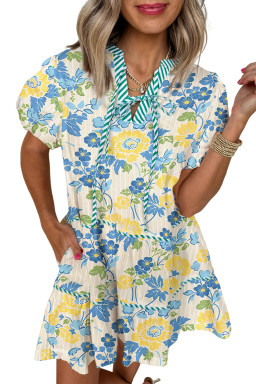 Blue Floral Print Striped Trim Puff Sleeve Mini Dress