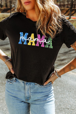 Black Sequin MAMA mama Letter Graphic Tee