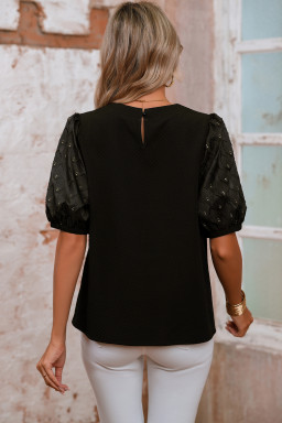 Black Bubble Sleeve Patchwork Textured Top