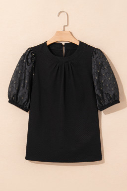 Black Bubble Sleeve Patchwork Textured Top