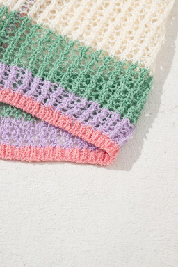 Orange Colorblock Striped Cropped Pointelle Knit Top