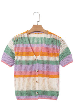 Orange Colorblock Striped Cropped Pointelle Knit Top