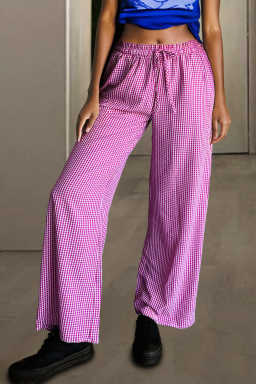 Pink Plaid Print Drawstring High Waist Wide Leg Casual Pocket Pants