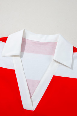 Red Stripe Colorblock Patchwork Short Sleeve Collar Top