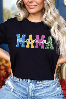 Black Sequin MAMA mama Letter Graphic Tee