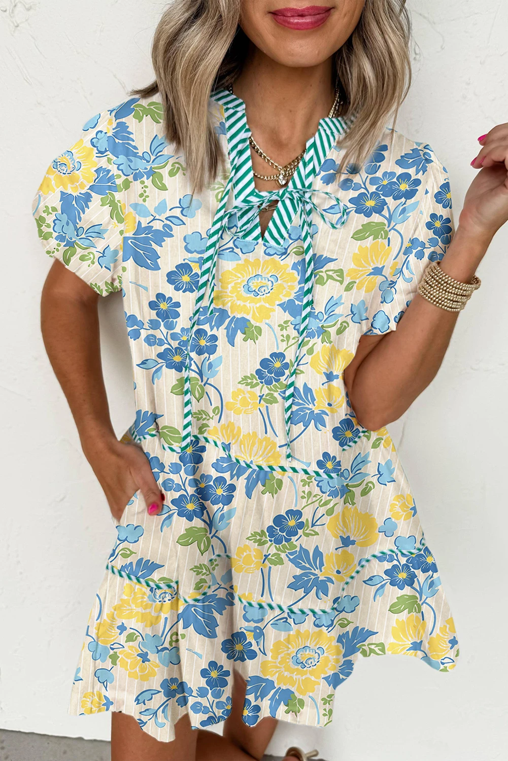 Wenrine Womens Blue Floral Puff Sleeve Color Block Dresses