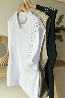 Sage Green Studded Cap Sleeve Round Neck T Shirt