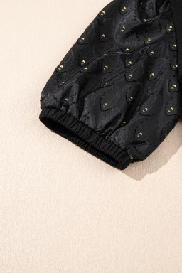 Black Bubble Sleeve Patchwork Textured Top