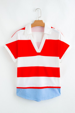 Red Stripe Colorblock Patchwork Short Sleeve Collar Top