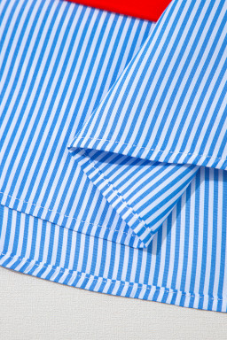 Red Stripe Colorblock Patchwork Short Sleeve Collar Top