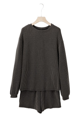 Carbon Grey Corded Long Sleeve Top and High Waist Shorts Set