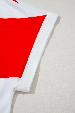 Red Stripe Colorblock Patchwork Short Sleeve Collar Top