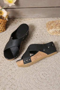 Black Criss Cross Studded Wedge Slippers