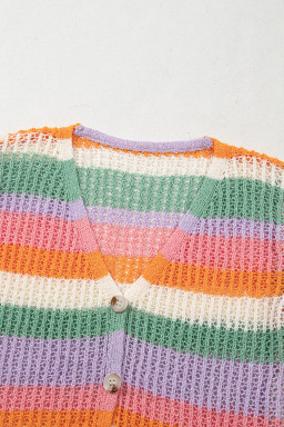 Orange Colorblock Striped Cropped Pointelle Knit Top