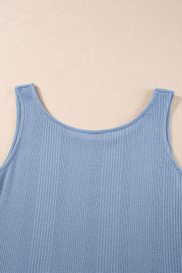 Beau Blue Solid Color Ribbed Ruffle Tank Top and Pants Set