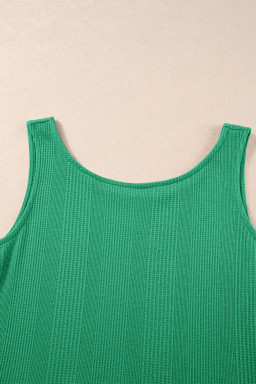 Green Solid Color Ribbed Ruffle Tank Top and Pants Set