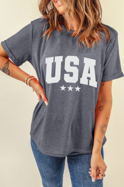 Gray USA Letter Heat Transfer Printing Crewneck Tee