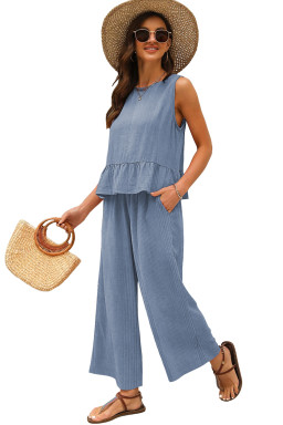 Beau Blue Solid Color Ribbed Ruffle Tank Top and Pants Set