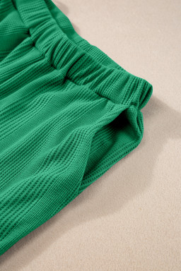 Green Solid Color Ribbed Ruffle Tank Top and Pants Set