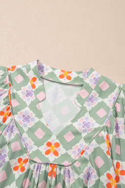 Green Geometric Floral Print 3/4 Sleeve Notched Neck Mini Dress