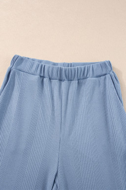 Beau Blue Solid Color Ribbed Ruffle Tank Top and Pants Set