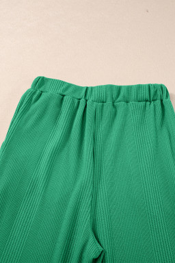 Green Solid Color Ribbed Ruffle Tank Top and Pants Set