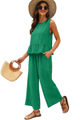 Green Solid Color Ribbed Ruffle Tank Top and Pants Set