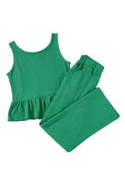 Green Solid Color Ribbed Ruffle Tank Top and Pants Set