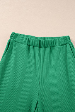 Green Solid Color Ribbed Ruffle Tank Top and Pants Set