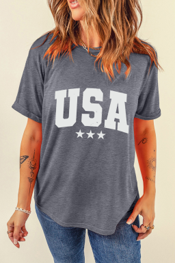 Gray USA Letter Heat Transfer Printing Crewneck Tee
