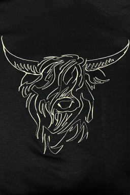 Black Vintage Bull Head Embroidered Pattern T Shirt