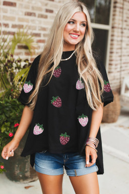 Black Strawberry Sequins Patch Graphic High Low Tee