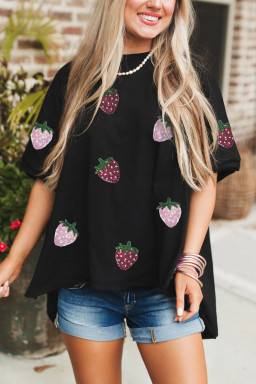 Black Strawberry Sequins Patch Graphic High Low Tee