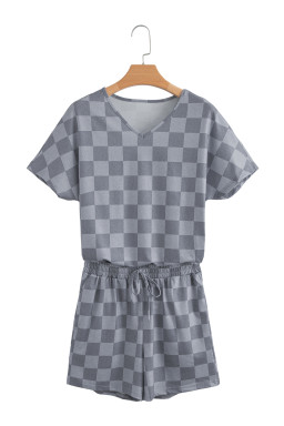 Gray Checkered V Neck Tee and Drawstring Shorts Pajama Set