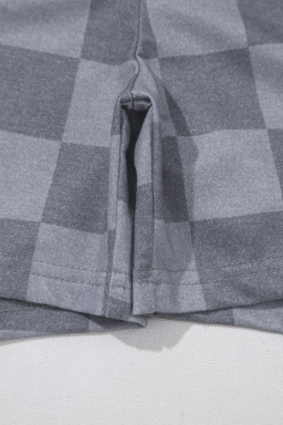 Gray Checkered V Neck Tee and Drawstring Shorts Pajama Set