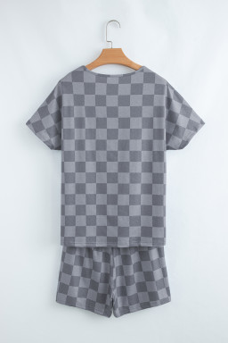Gray Checkered V Neck Tee and Drawstring Shorts Pajama Set