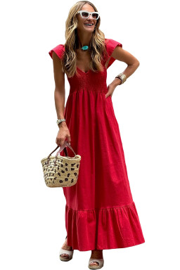 Fiery Red V Neck Flutter Sleeve Smocked Bodice High Waist Ruffle Maxi Dress