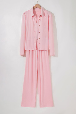 Light Pink V Neck Vest Button Up Cardigan and Pants 3pcs Pajama Set