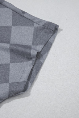 Gray Checkered V Neck Tee and Drawstring Shorts Pajama Set