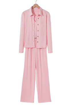 Light Pink V Neck Vest Button Up Cardigan and Pants 3pcs Pajama Set