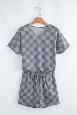 Gray Checkered V Neck Tee and Drawstring Shorts Pajama Set