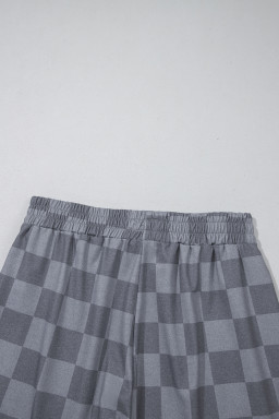 Gray Checkered V Neck Tee and Drawstring Shorts Pajama Set